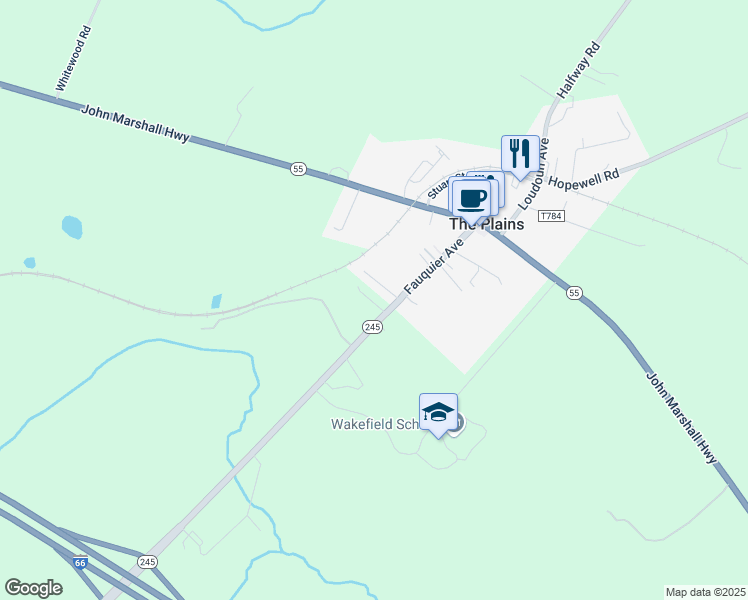 map of restaurants, bars, coffee shops, grocery stores, and more near 6416 Adams Lane in The Plains