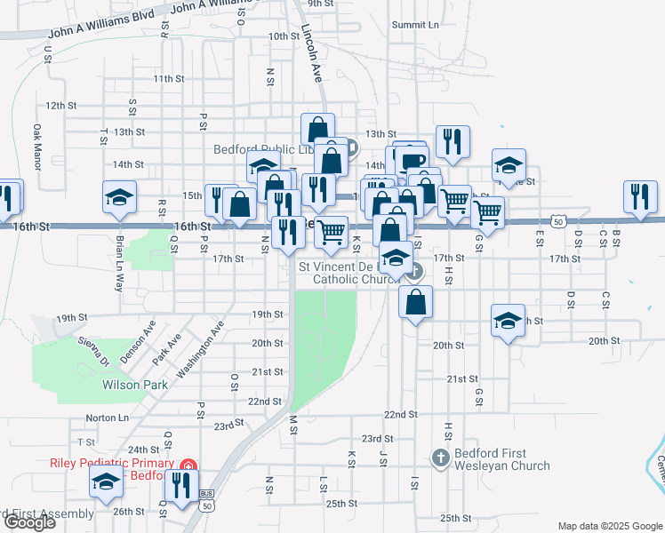 map of restaurants, bars, coffee shops, grocery stores, and more near 1710 L Street in Bedford