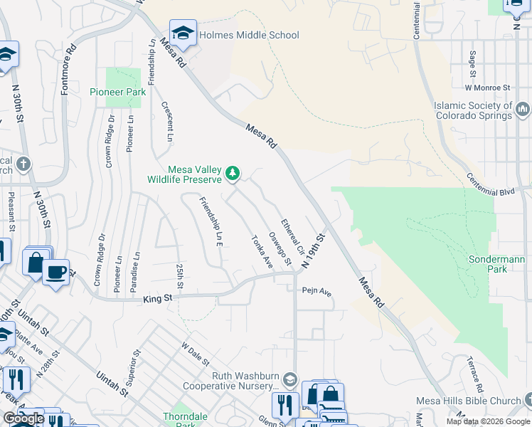 map of restaurants, bars, coffee shops, grocery stores, and more near 1306 Oswego Street in Colorado Springs