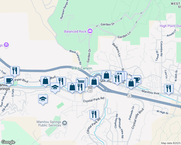map of restaurants, bars, coffee shops, grocery stores, and more near 105 Garden Drive in Manitou Springs