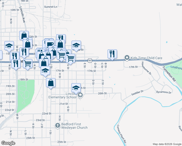 map of restaurants, bars, coffee shops, grocery stores, and more near 327 18th Street in Bedford