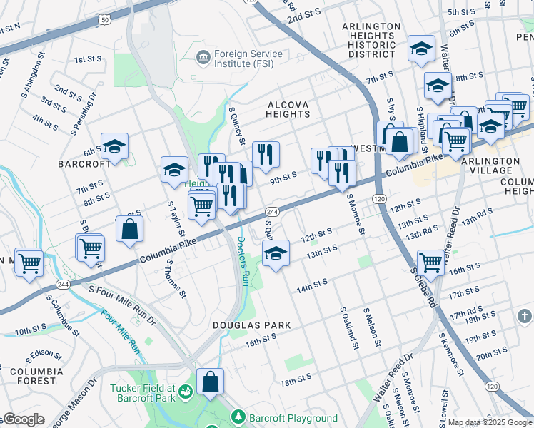 map of restaurants, bars, coffee shops, grocery stores, and more near Columbia Pike & S Quincy St in Arlington