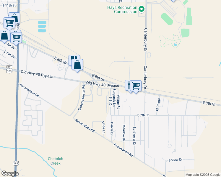 map of restaurants, bars, coffee shops, grocery stores, and more near 100 South Street Drive in Hays