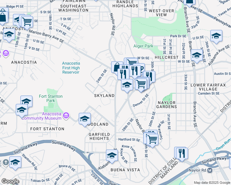 map of restaurants, bars, coffee shops, grocery stores, and more near 25th Street Southeast in Washington