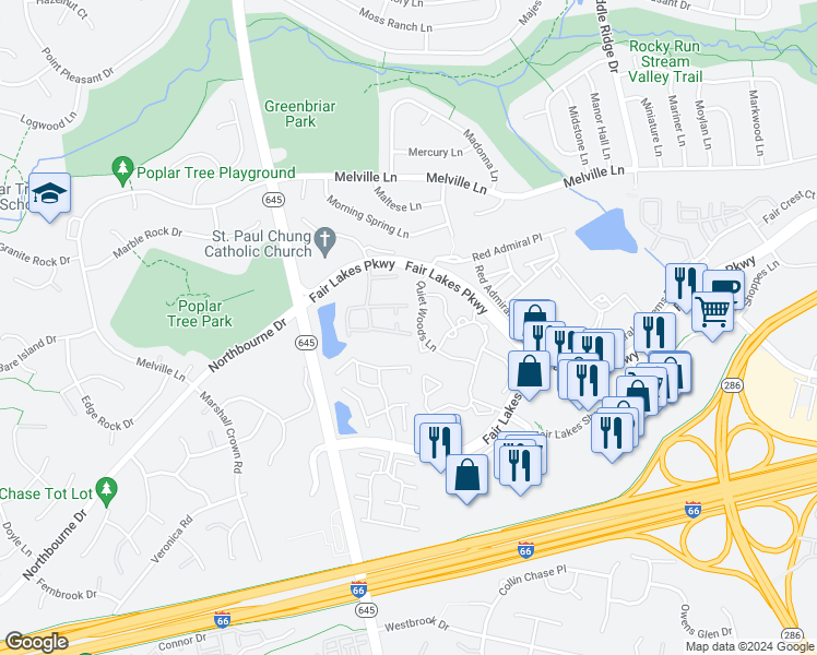 map of restaurants, bars, coffee shops, grocery stores, and more near 13100 Misty Glen Lane in Fairfax