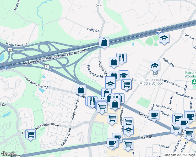 map of restaurants, bars, coffee shops, grocery stores, and more near 11389 Aristotle Drive in Fairfax