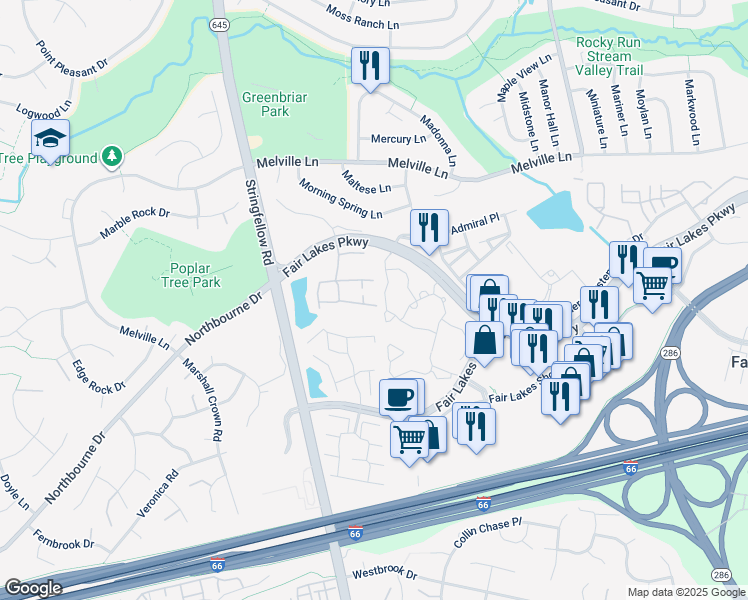 map of restaurants, bars, coffee shops, grocery stores, and more near 13100 Misty Glen Lane in Fairfax