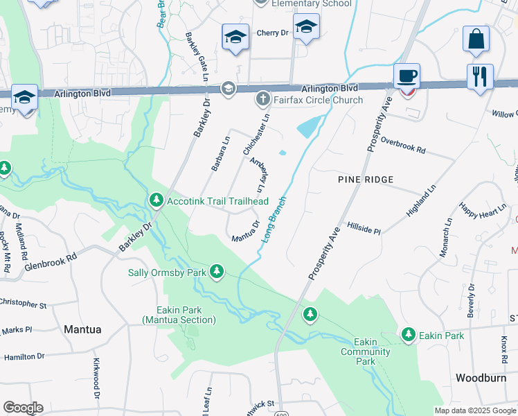 map of restaurants, bars, coffee shops, grocery stores, and more near 3301 Mantua Drive in Fairfax