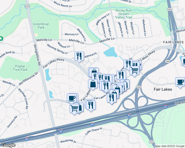 map of restaurants, bars, coffee shops, grocery stores, and more near 4685 Red Admiral Way in Fairfax