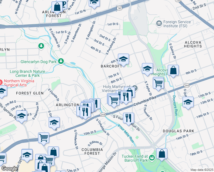 map of restaurants, bars, coffee shops, grocery stores, and more near 800 South Buchanan Street in Arlington
