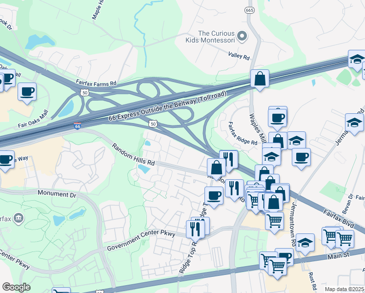 map of restaurants, bars, coffee shops, grocery stores, and more near 4020 Werthers Court in Fairfax