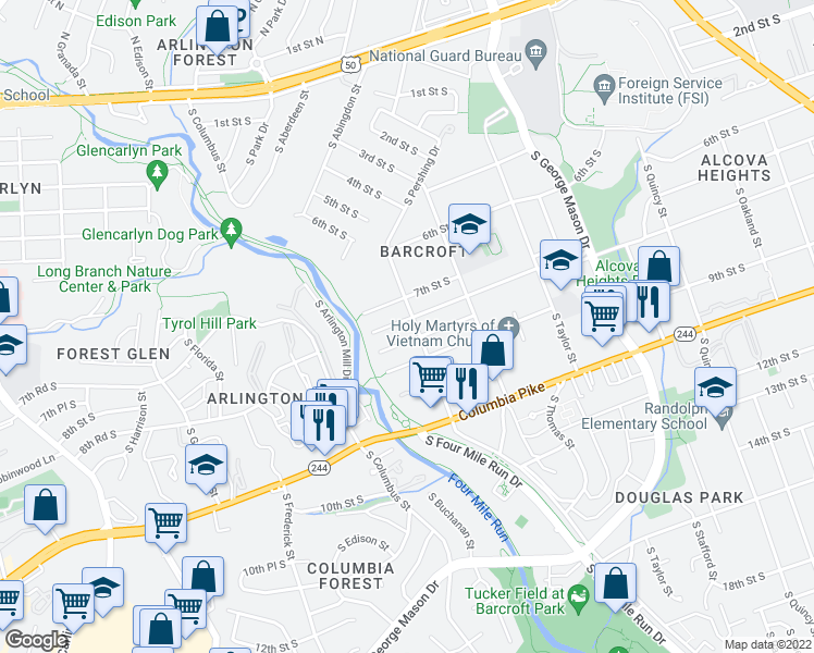 map of restaurants, bars, coffee shops, grocery stores, and more near 800 South Buchanan Street in Arlington