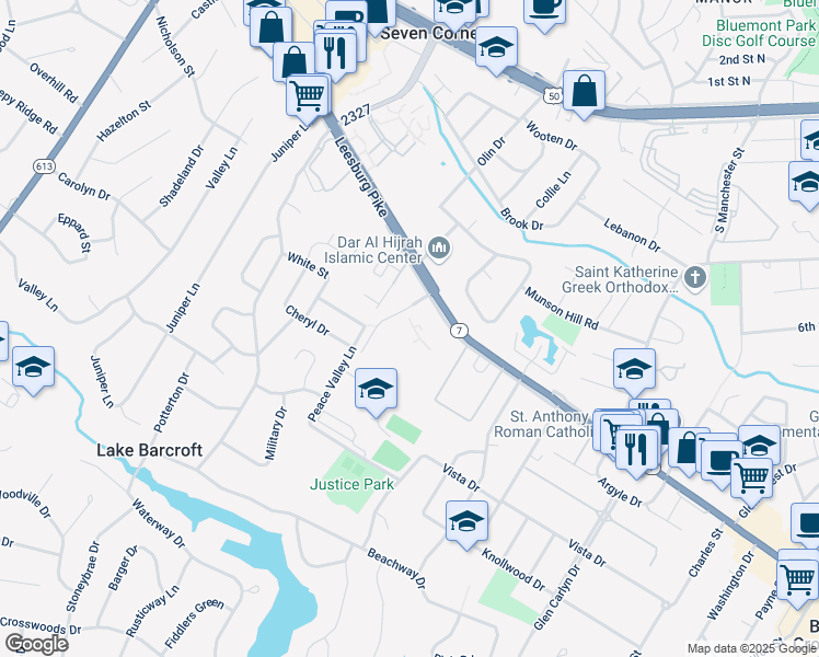 map of restaurants, bars, coffee shops, grocery stores, and more near 6145 Leesburg Pike in Falls Church