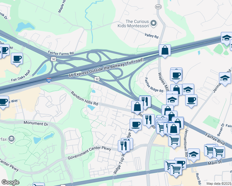 map of restaurants, bars, coffee shops, grocery stores, and more near 4020 Werthers Court in Fairfax