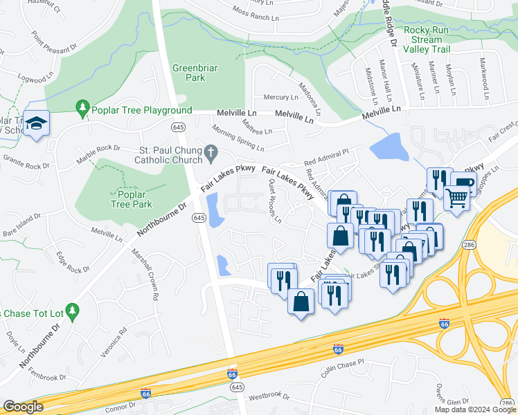 map of restaurants, bars, coffee shops, grocery stores, and more near 13106 Misty Glen Lane in Fairfax