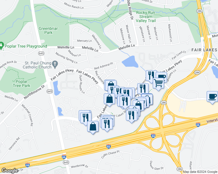 map of restaurants, bars, coffee shops, grocery stores, and more near 4685 Red Admiral Way in Fairfax