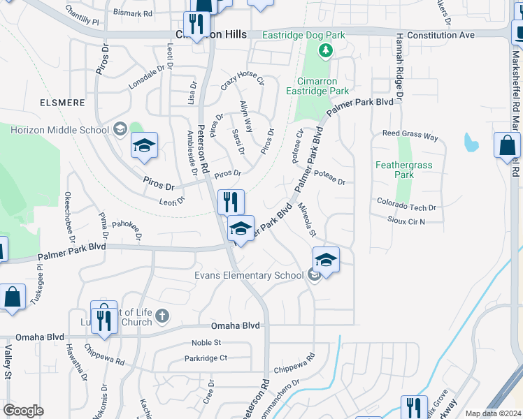 map of restaurants, bars, coffee shops, grocery stores, and more near 6964 Lanka Lane in Colorado Springs
