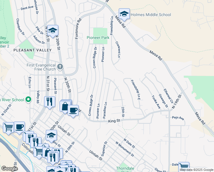map of restaurants, bars, coffee shops, grocery stores, and more near 726 Paradise Lane in Colorado Springs