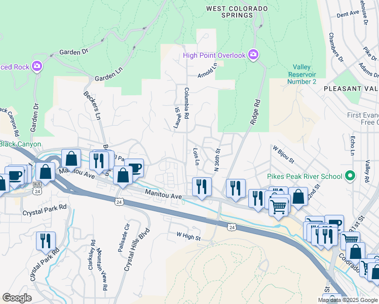 map of restaurants, bars, coffee shops, grocery stores, and more near 217 Columbia Road in Colorado Springs