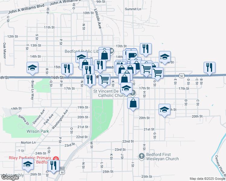 map of restaurants, bars, coffee shops, grocery stores, and more near 1718 K Street in Bedford