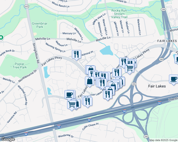 map of restaurants, bars, coffee shops, grocery stores, and more near 4681 Red Admiral Way in Fairfax
