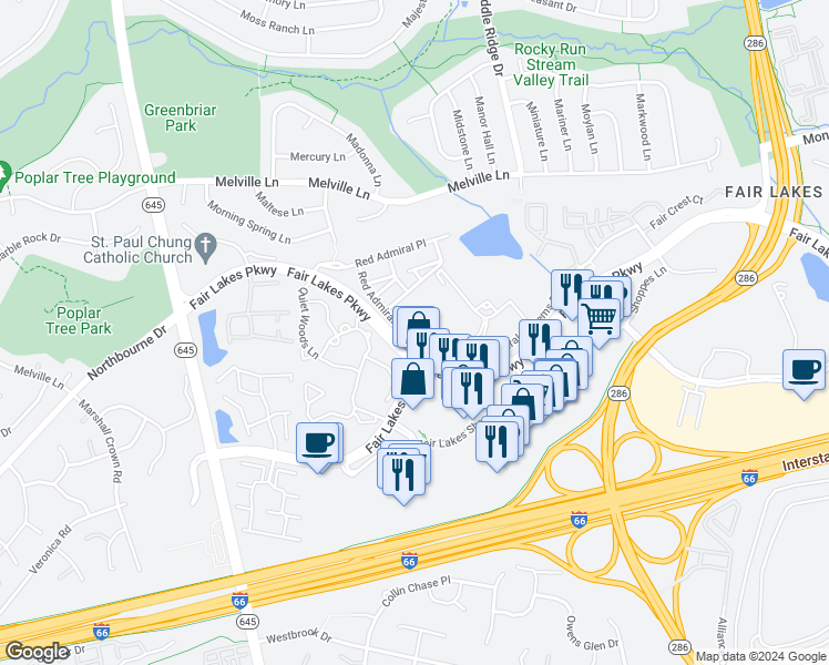map of restaurants, bars, coffee shops, grocery stores, and more near 4683 Red Admiral Way in Fairfax