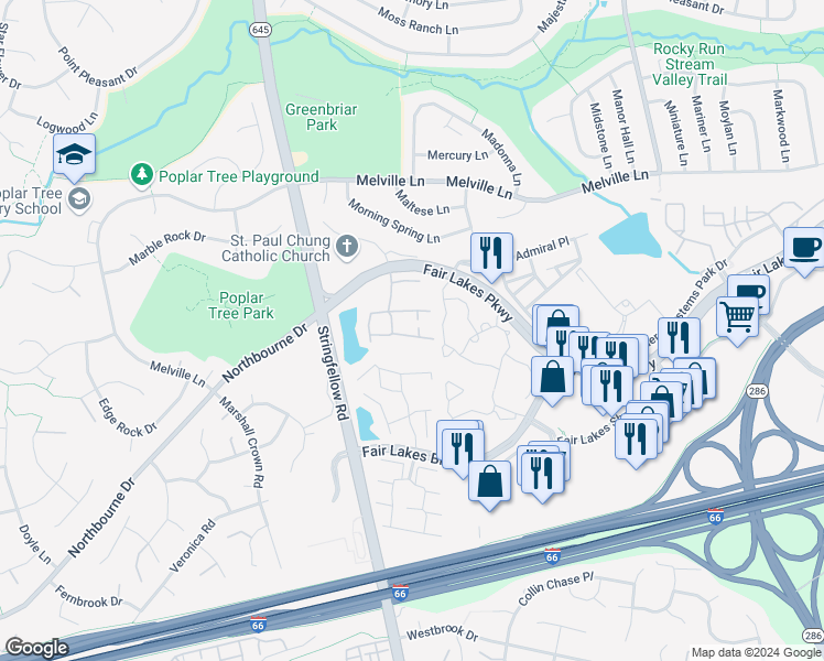 map of restaurants, bars, coffee shops, grocery stores, and more near 13114 Misty Glen Lane in Fairfax