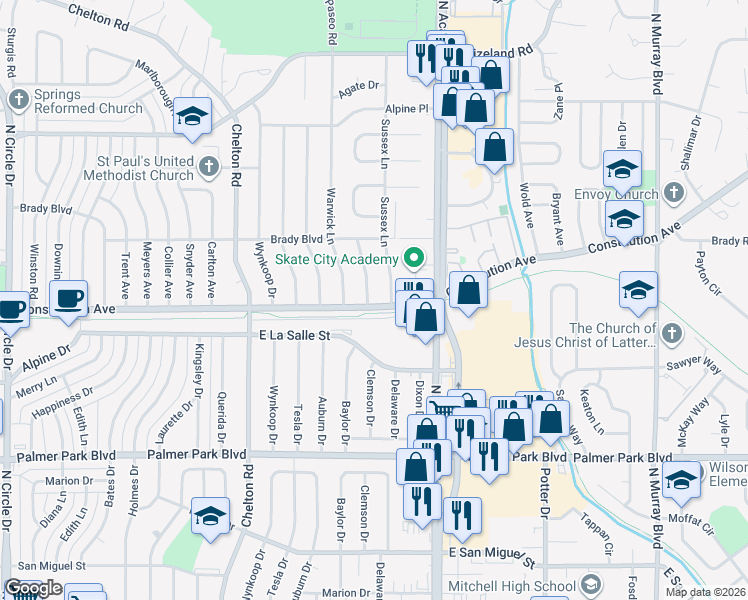 map of restaurants, bars, coffee shops, grocery stores, and more near 1903 Berkshire Lane in Colorado Springs