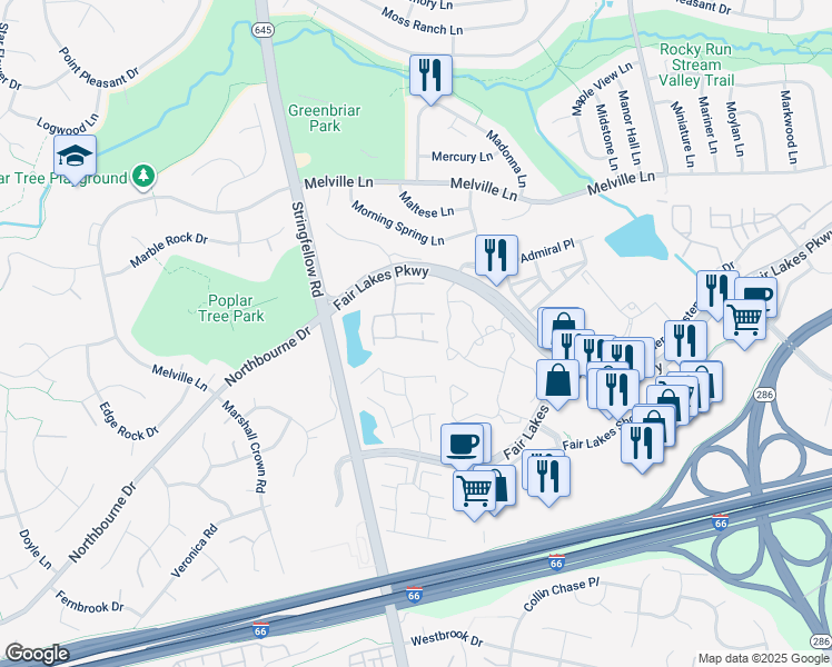 map of restaurants, bars, coffee shops, grocery stores, and more near 13114 Misty Glen Lane in Fairfax