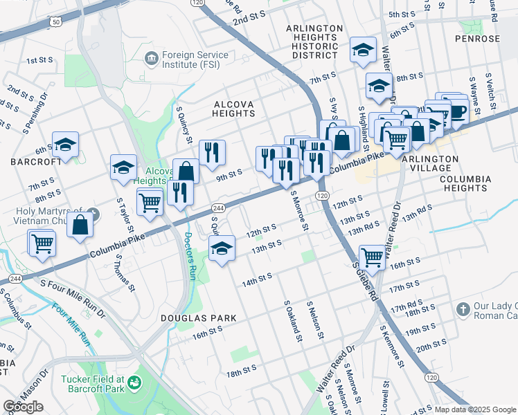 map of restaurants, bars, coffee shops, grocery stores, and more near 3806 Columbia Pike in Arlington