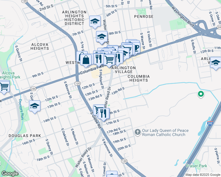 map of restaurants, bars, coffee shops, grocery stores, and more near 1303 South Walter Reed Drive in Arlington