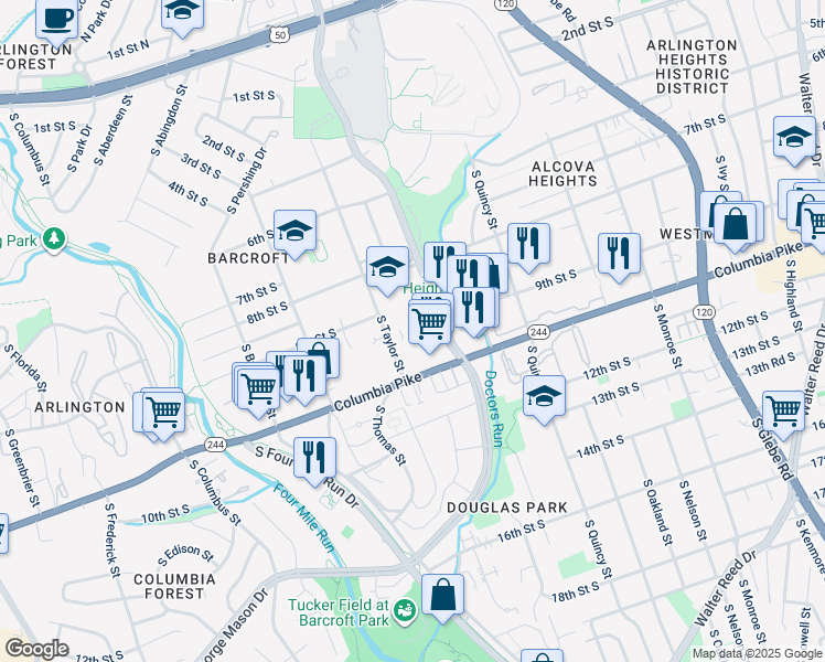 map of restaurants, bars, coffee shops, grocery stores, and more near 936 South George Mason Drive in Arlington