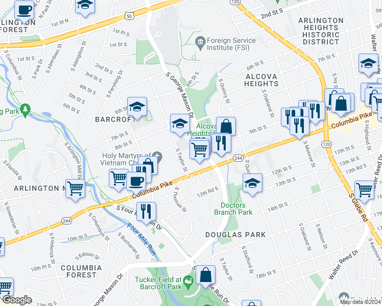 map of restaurants, bars, coffee shops, grocery stores, and more near 936 South George Mason Drive in Arlington