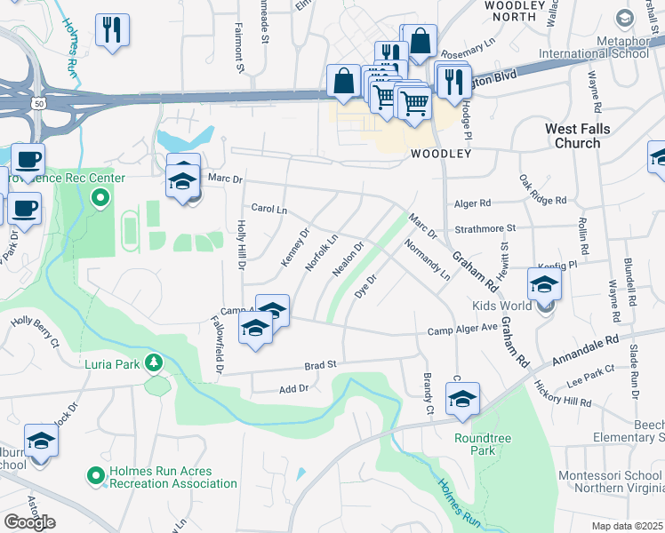 map of restaurants, bars, coffee shops, grocery stores, and more near 3228 Nealon Drive in Falls Church