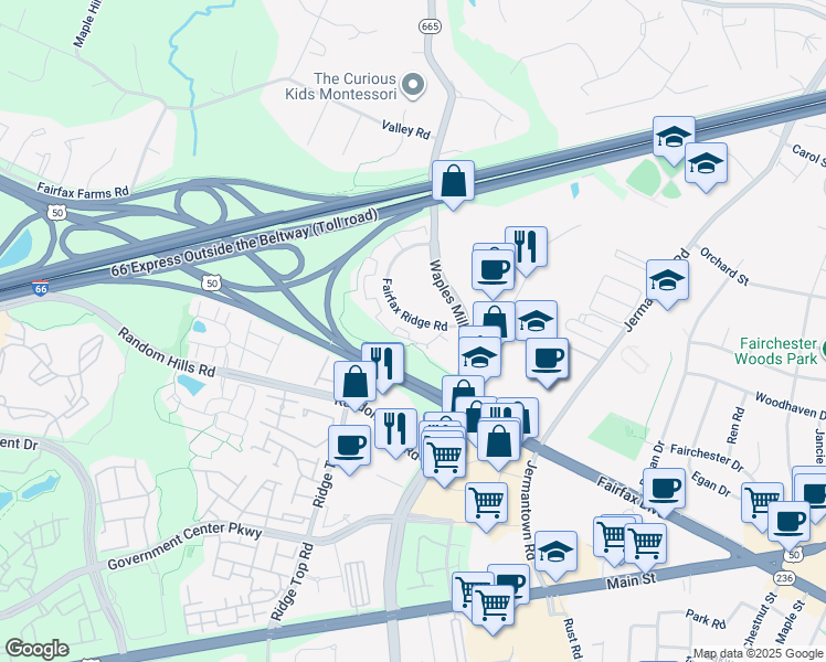 map of restaurants, bars, coffee shops, grocery stores, and more near 11377 Aristotle Drive in Fairfax