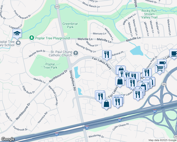 map of restaurants, bars, coffee shops, grocery stores, and more near 13120 Misty Glen Lane in Fairfax