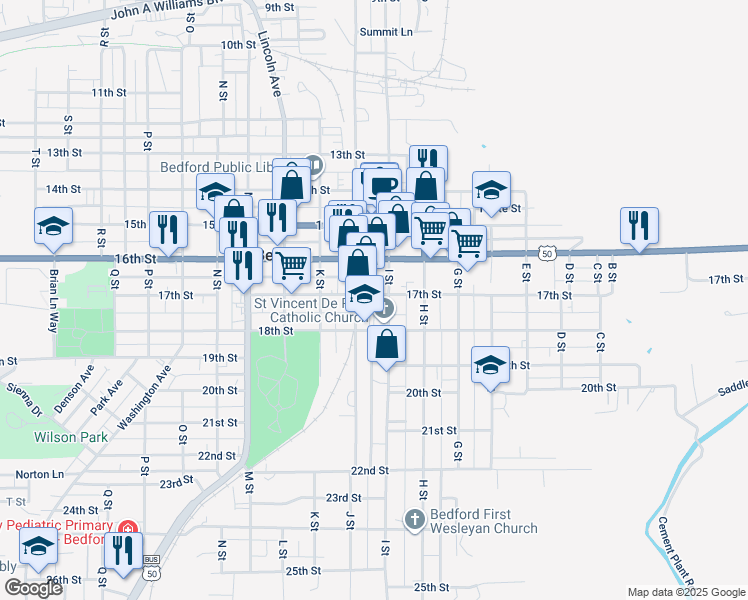 map of restaurants, bars, coffee shops, grocery stores, and more near 911 17th Street in Bedford