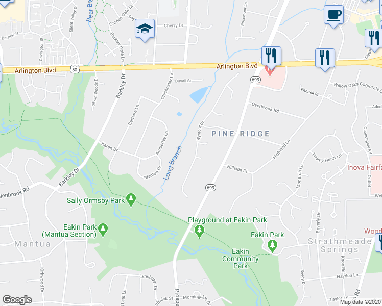 map of restaurants, bars, coffee shops, grocery stores, and more near 3212 Wynford Drive in Fairfax