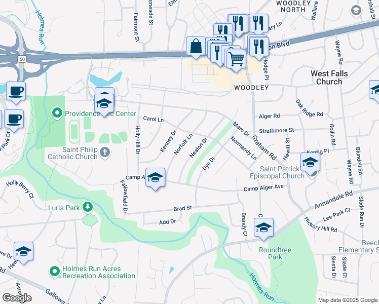 map of restaurants, bars, coffee shops, grocery stores, and more near 3228 Nealon Drive in Falls Church