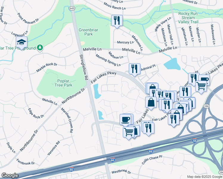 map of restaurants, bars, coffee shops, grocery stores, and more near 13120 Misty Glen Lane in Fairfax