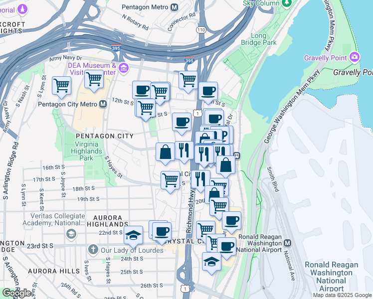 map of restaurants, bars, coffee shops, grocery stores, and more near 400 15th Street South in Arlington