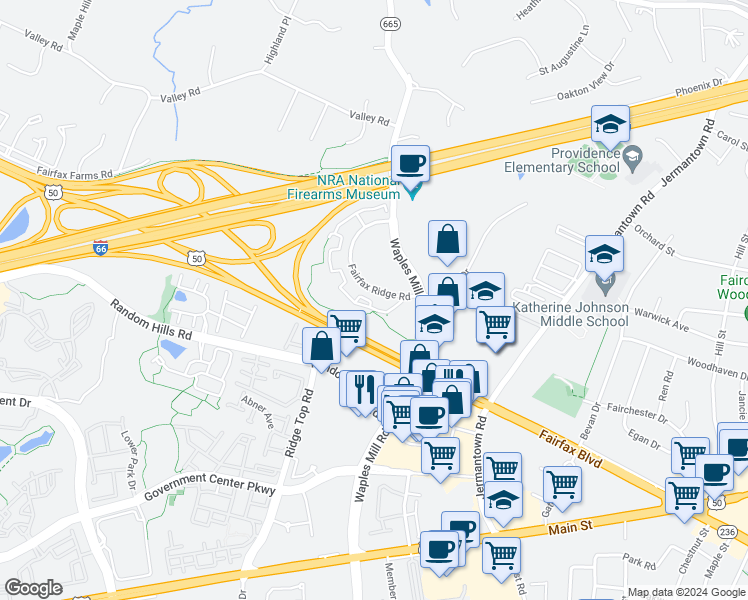 map of restaurants, bars, coffee shops, grocery stores, and more near 11379 Aristotle Drive in Fairfax