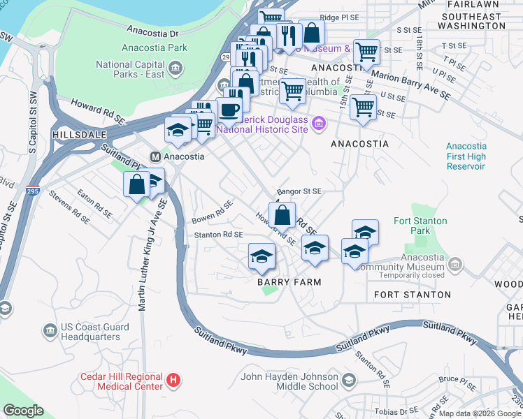 map of restaurants, bars, coffee shops, grocery stores, and more near 2513 West Saint Southeast in Washington