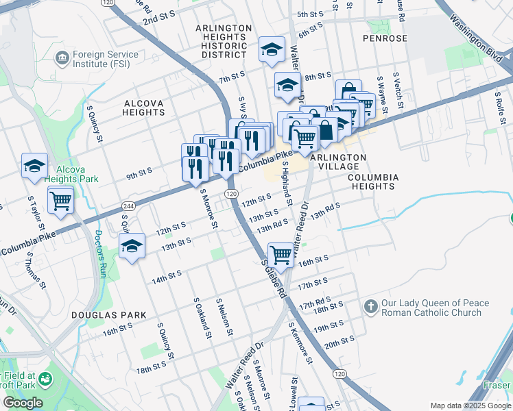 map of restaurants, bars, coffee shops, grocery stores, and more near 3208 12th Street South in Arlington