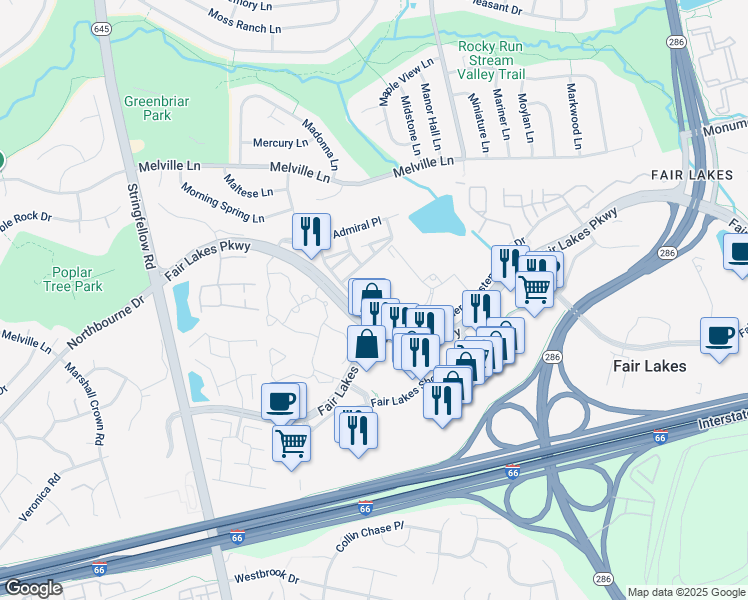 map of restaurants, bars, coffee shops, grocery stores, and more near 4699 Red Admiral Way in Fairfax