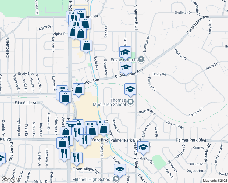 map of restaurants, bars, coffee shops, grocery stores, and more near 1909 Summernight Terrace in Colorado Springs