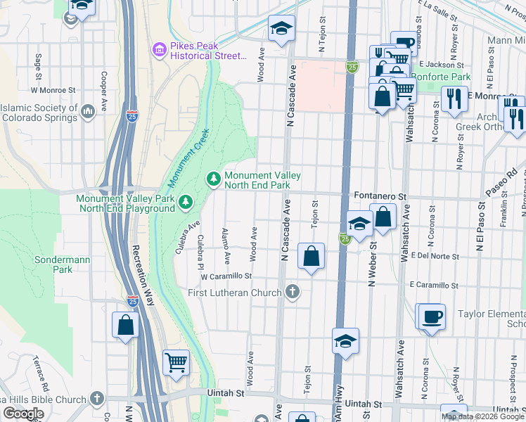 map of restaurants, bars, coffee shops, grocery stores, and more near 1730 Wood Avenue in Colorado Springs