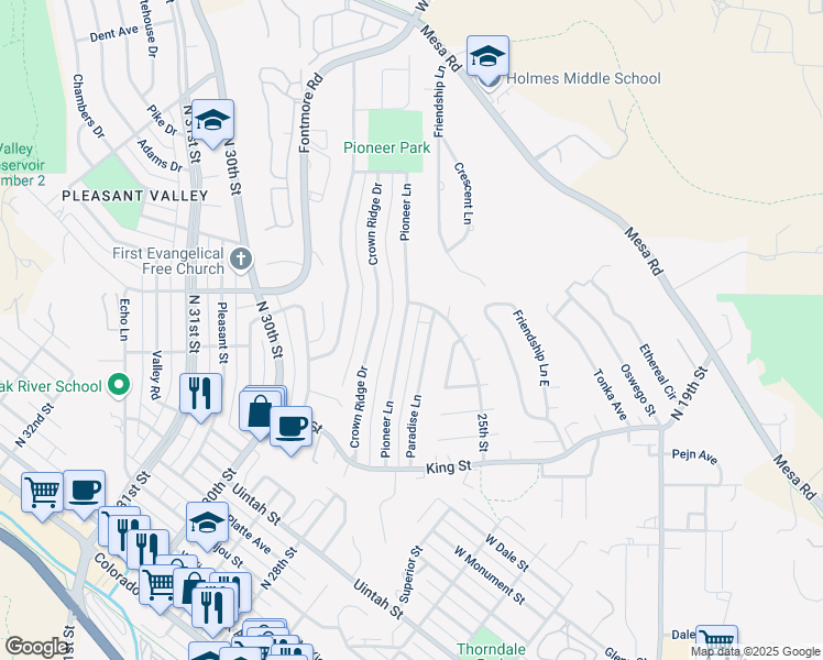 map of restaurants, bars, coffee shops, grocery stores, and more near 726 Paradise Lane in Colorado Springs