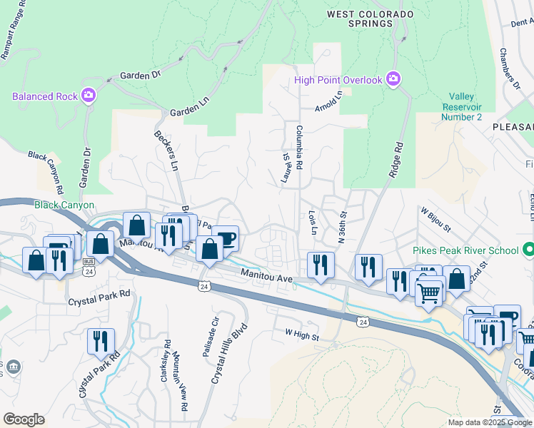 map of restaurants, bars, coffee shops, grocery stores, and more near 6 El Paso Boulevard in Colorado Springs