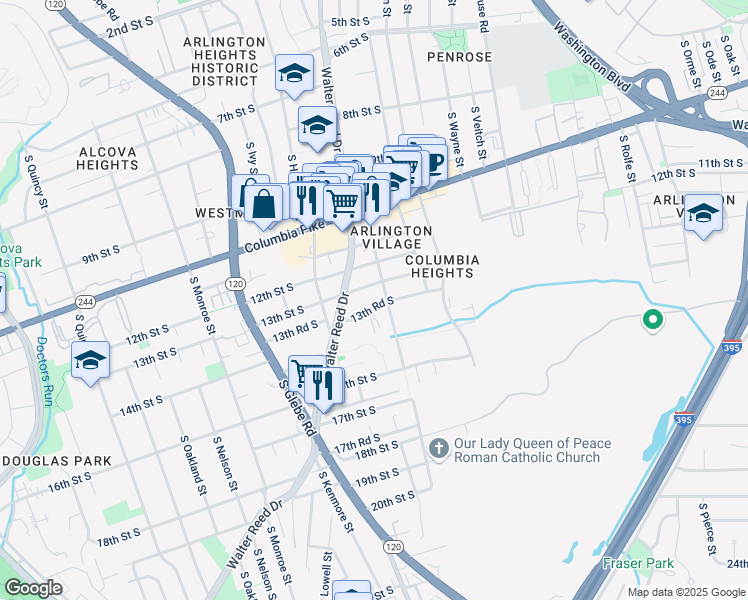 map of restaurants, bars, coffee shops, grocery stores, and more near 2904 13th Road South in Arlington